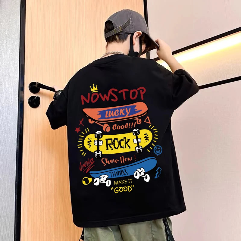 Skateboard Pattern Design Children's Tops Summer Boys Girls Short Sleeve T-shirts Cotton Korean Kids Clothes 2025 7-13Y 4-6Y