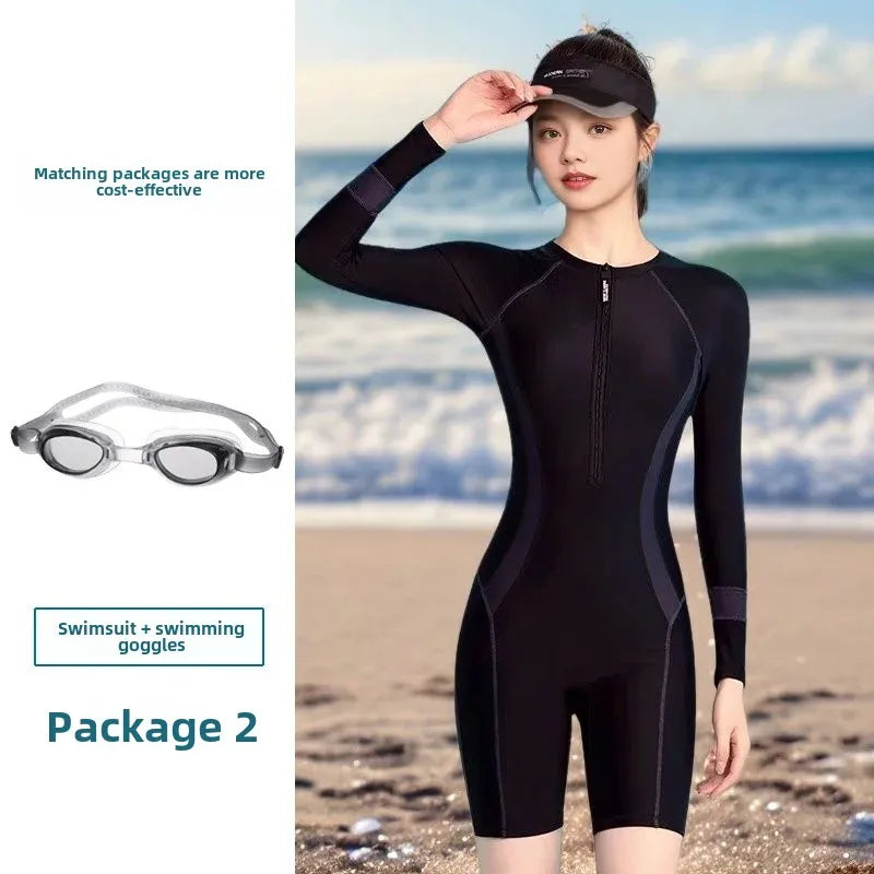 Conservative One-Piece Swimsuit for Women Long Sleeve Thermal Spa Swimwear Slimming Hide Meat Effect Surfing Thermal Spa Swimsui