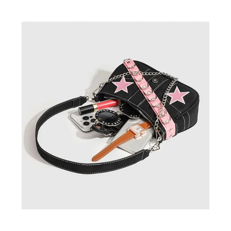Y2K Fashionable Spliced Color Contrast Pink Star Denim Underarm Bag Commute Shoulder Bag Soft Square Shape Mobile Phone Pocket
