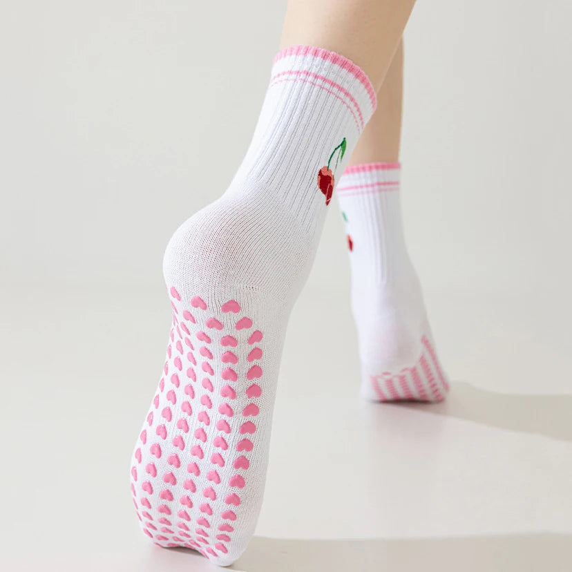 Yoga Socks Women Cotton Cherry Embroidered Lettuce-Edge Dot Silicone Non-slip Grip Pilates Crew Socks