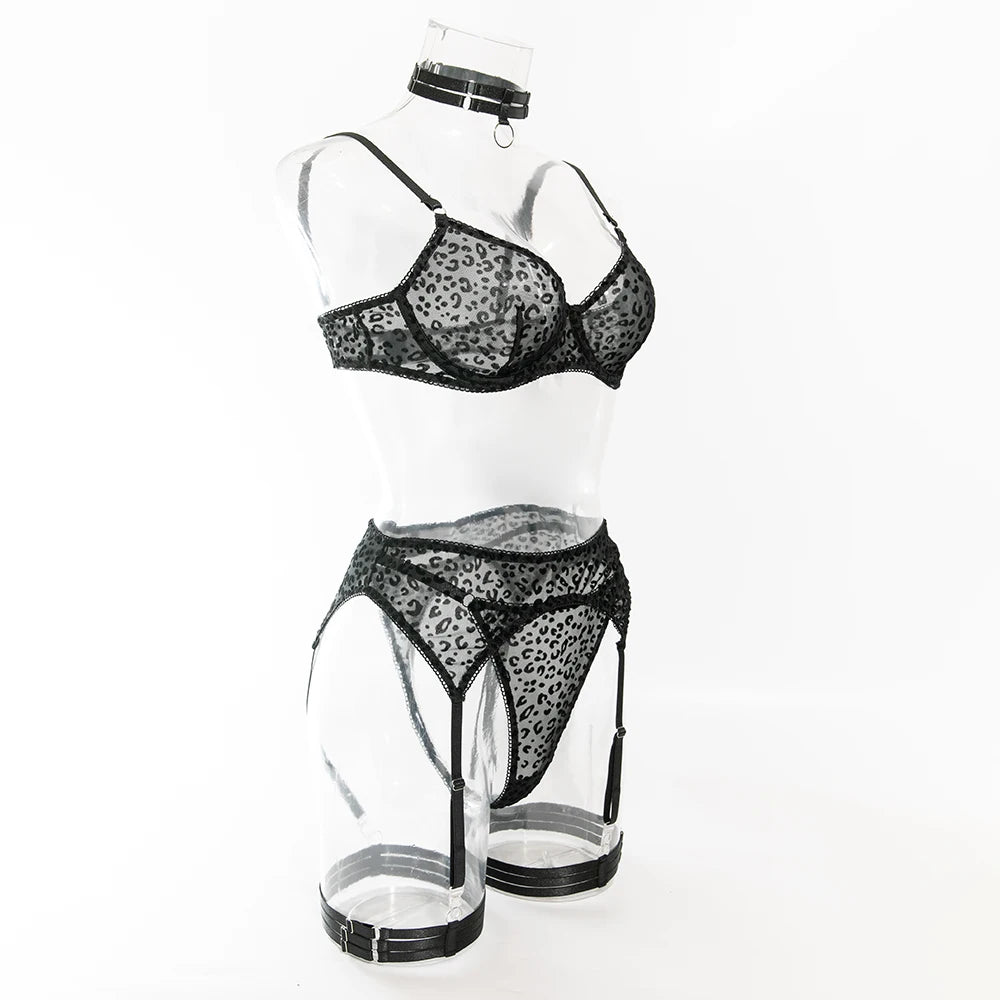 Yimunancy Leopard Flocking Bra Set Women Choker Transparent Bra + Brief Underwear Set 5-Piece Erotic Lingerie Garter Intimates