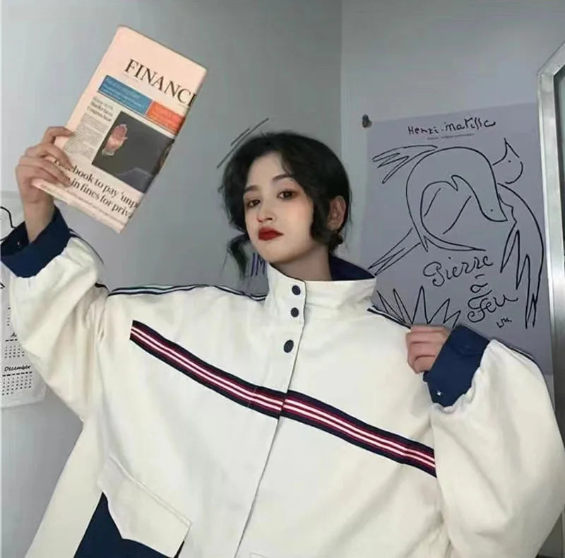 Patchwork Jacket Women American Loose Streetwear Blue and White Zipper Clothes Casual Chic Long Sleeve Harajuku Outwear