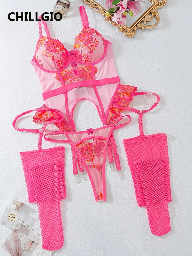 CHILLGIO Women Bodysuit Tops Embroidery Flowers Sexy Set Lingerie Sexy Thong Stockings Porn Fancy Sweet Underwear Bra Brief Suit