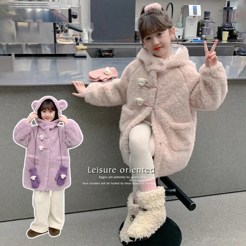 Thickened Fleece Winter Coat for Girls Cartoon Bear Middle-Length Jacket with Gloves Warm Toddler Baby Girl Outerwear
