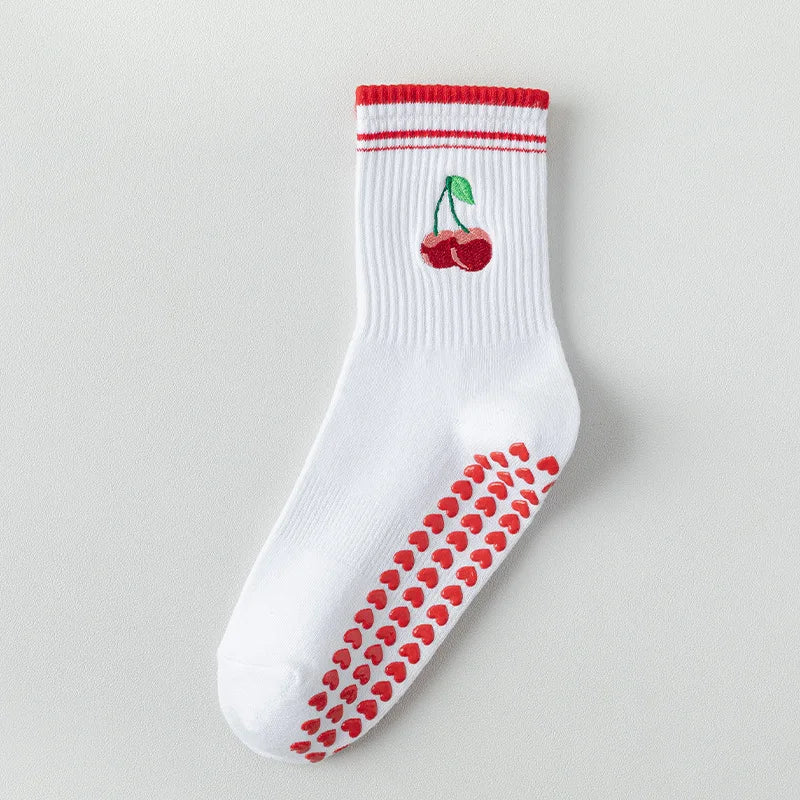 Yoga Socks Women Cotton Cherry Embroidered Lettuce-Edge Dot Silicone Non-slip Grip Pilates Crew Socks
