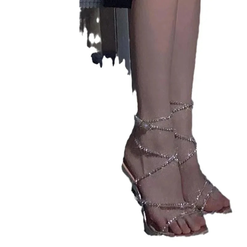 2024 Summer New Women's Sandals Sexy Spaghetti Straps High Heels Crystal Embellished Roman Shoes Trendy Square Toe Design