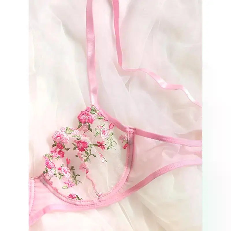 Transperant Lingerie Set Women Mesh Net Sexi Lenceria Sensual Mujer Bra Sets Embroidery Floral Underwired