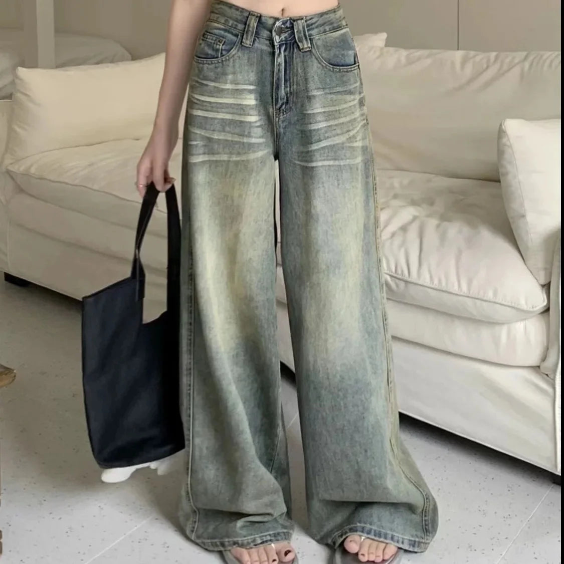 Vintage Wide-Leg Jeans Women's Loose-Fit High-Waisted Slimming Casual Straight-Leg Long Pants Trendy On The Ground