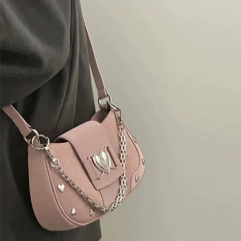 Hot Girls Y2k Handbag Women Vintage Sweet Cool Heart Chain Pink Underarm Bag Female Fairycore Aesthetic Shoulder Bag New Chain