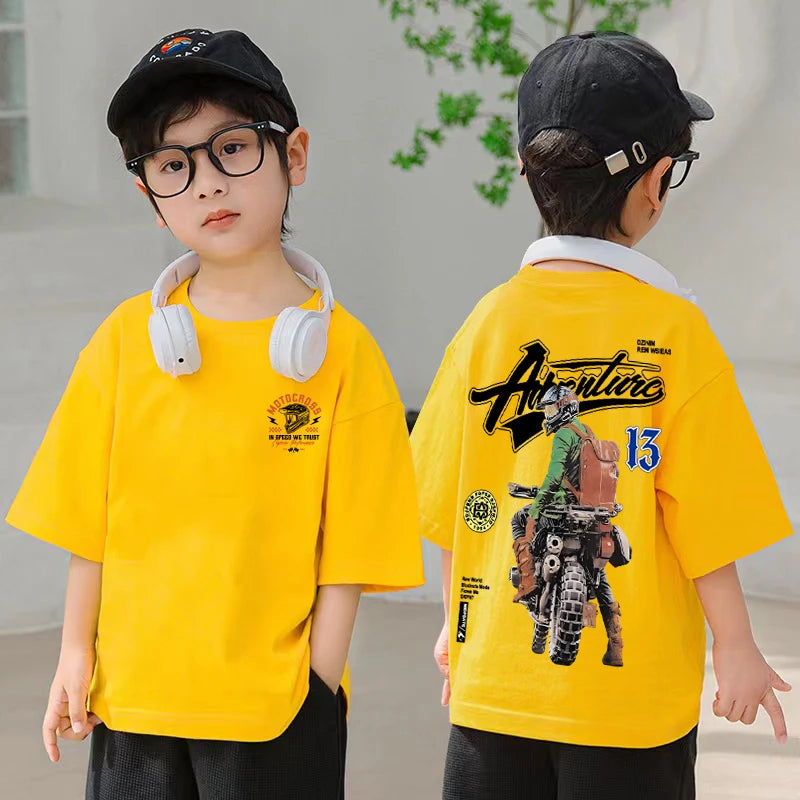 Korean Children's Clothes 2025 Boys Motorcycle Graphic T-Shirt Summer Short Sleeve 100% Cotton Loose Children Top Kids Clothes