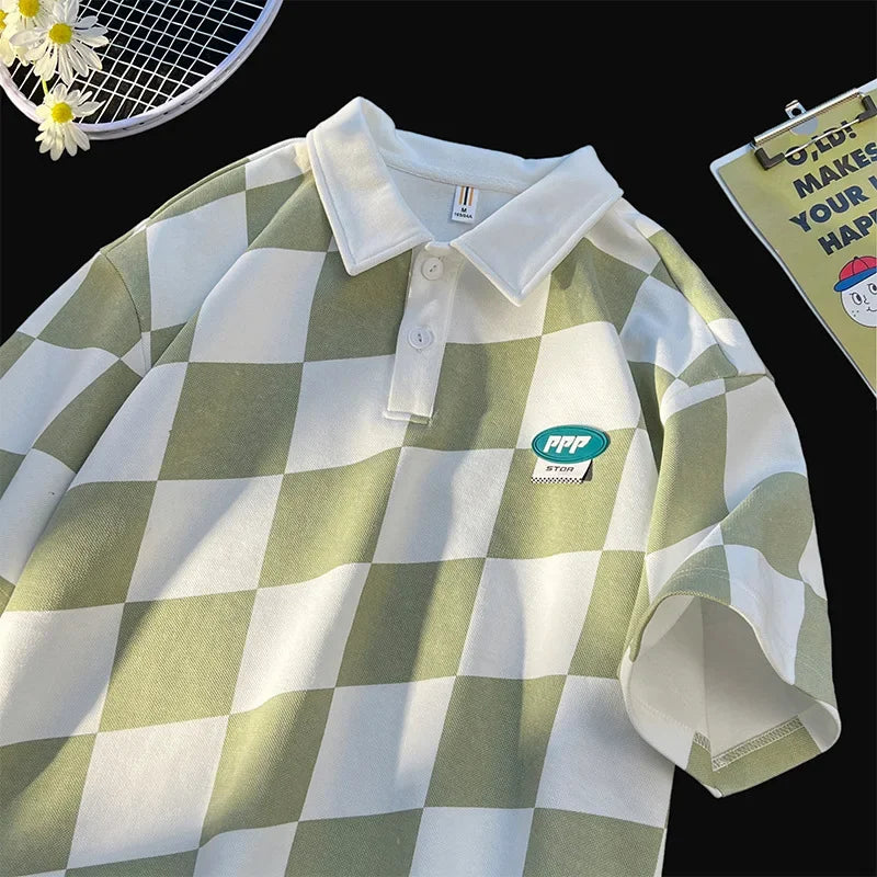 Vintage Preppy Style American Fashion Polo Shirt Men's Half Sleeve Casual Lapel Checkered Pattern T-shirt For Summer