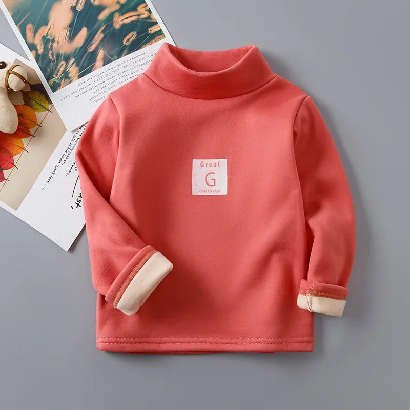 Children's Autumn Winter Fleece-Lined Sweatshirt Casual Style Middle Neck Base Layer Top Outer Wear Boys Girls Home Clothes