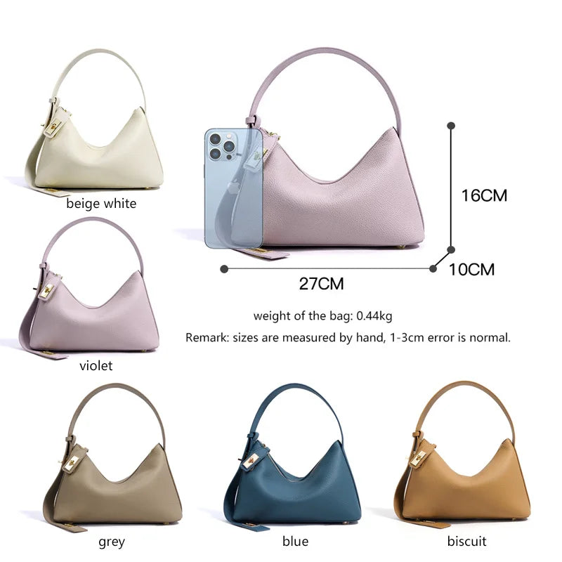 Women's Plain Color Genuine Leather Handbag Fashionable All-match Casual Versatile Trendy Single Shoulder Bag with Lock Design