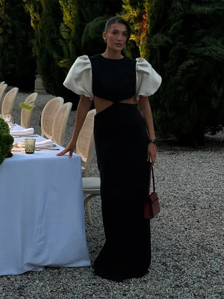 Fashion Puff Sleeve Maxi Dress For Women Sexy Hollow Out Waist Vacation Party Beach Dresses Female 2025 Elegant Lady Chic Robe