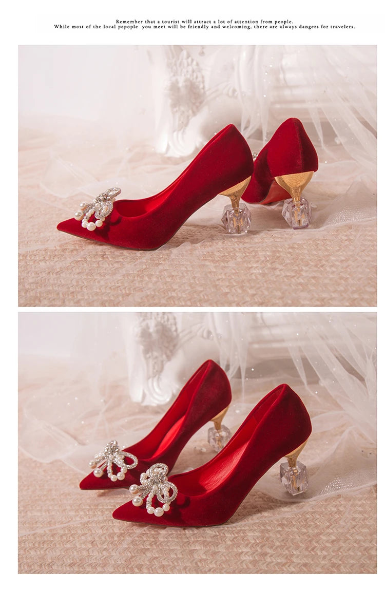 Wedding shoes bride shoes women new pearl thick heel shallow mouth pointed Xiuhe main wedding dress not tired foot single shoes