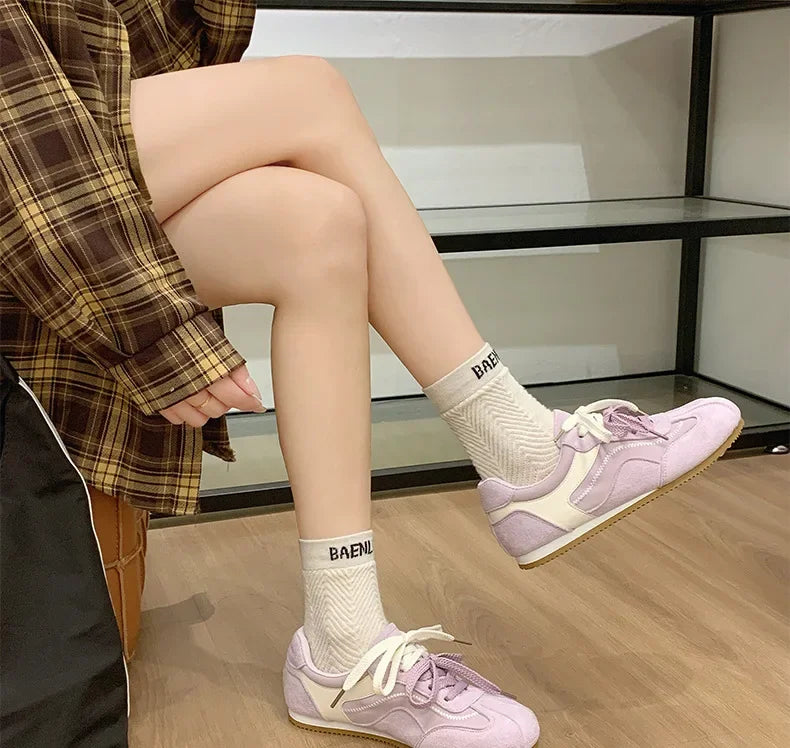 Women's Spring Summer Breathable Flat Casual Deqin Shoes Versatile Slip-On Flats Comfortable Polyurethane Outsole Striped Patter