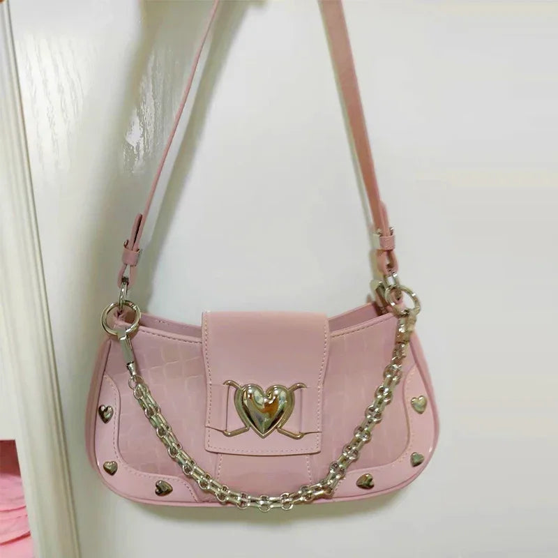 Hot Girls Y2k Handbag Women Vintage Sweet Cool Heart Chain Pink Underarm Bag Female Fairycore Aesthetic Shoulder Bag New Chain