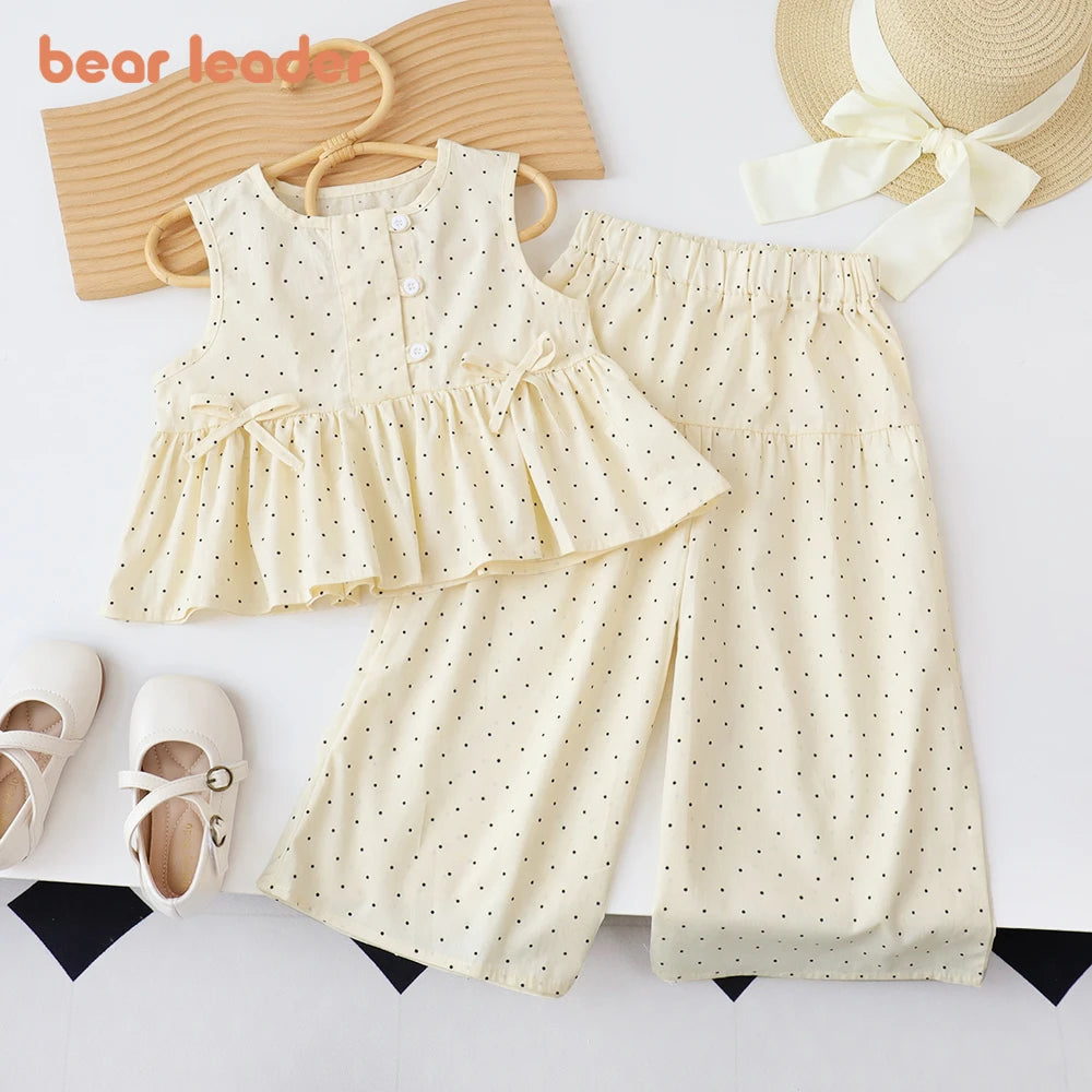 Bear Leader Baby Girl's Casual Clothing Round Neck Sleeveless Polka Dot Top+Wide Leg Pants Set with Bow and Botton 2PCS Set