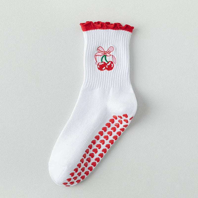 Yoga Socks Women Cotton Cherry Embroidered Lettuce-Edge Dot Silicone Non-slip Grip Pilates Crew Socks