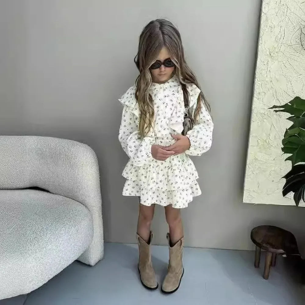 4478-1  Children Clothing Set 2024 INS Russian Girl's Dress Autumn Floral Lace Shirt+Cake Skirt Two-piece Set