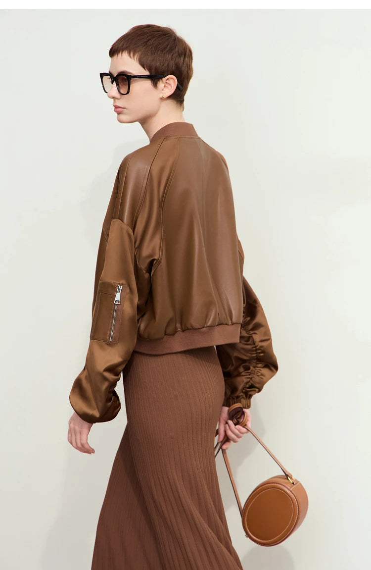 Amii Minimalism PU Leather for Women 2024 Autumn New Casual Handsome Baseball Collar Zipper Short Retro Female Jacket 12423080