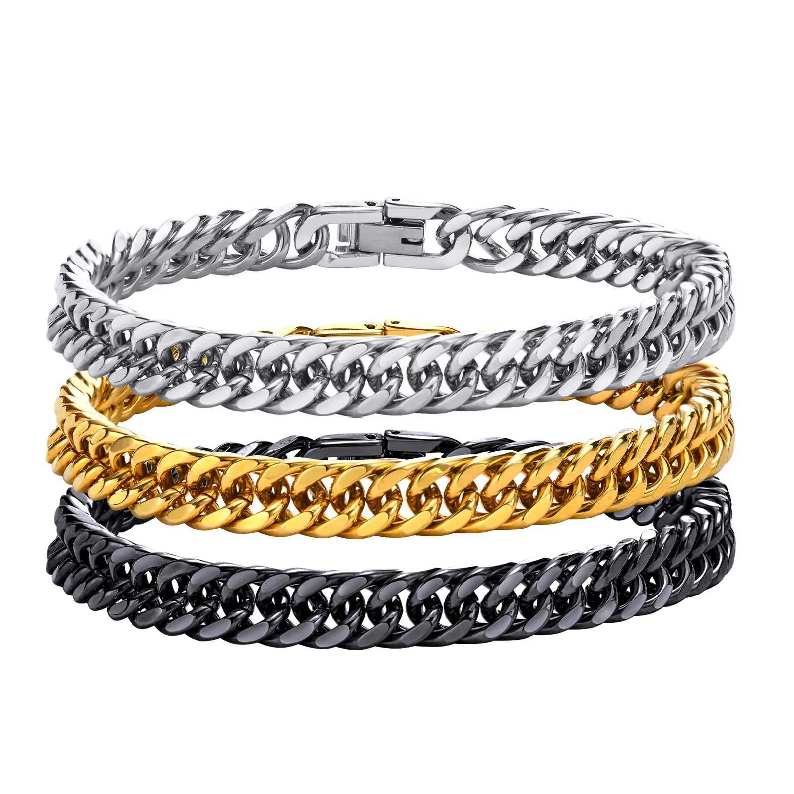 Stylish Double Curb Chain Bracelets for Men Boys,8/10/12/15mm Stainless Steel Miami Link Wristband,Punk Jewelry Gifts