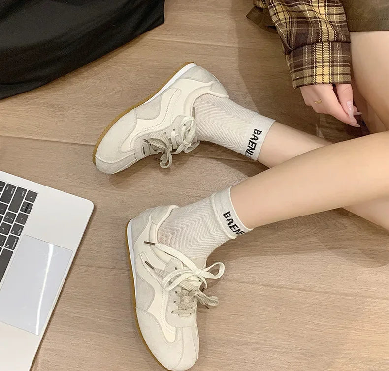 Women's Spring Summer Breathable Flat Casual Deqin Shoes Versatile Slip-On Flats Comfortable Polyurethane Outsole Striped Patter