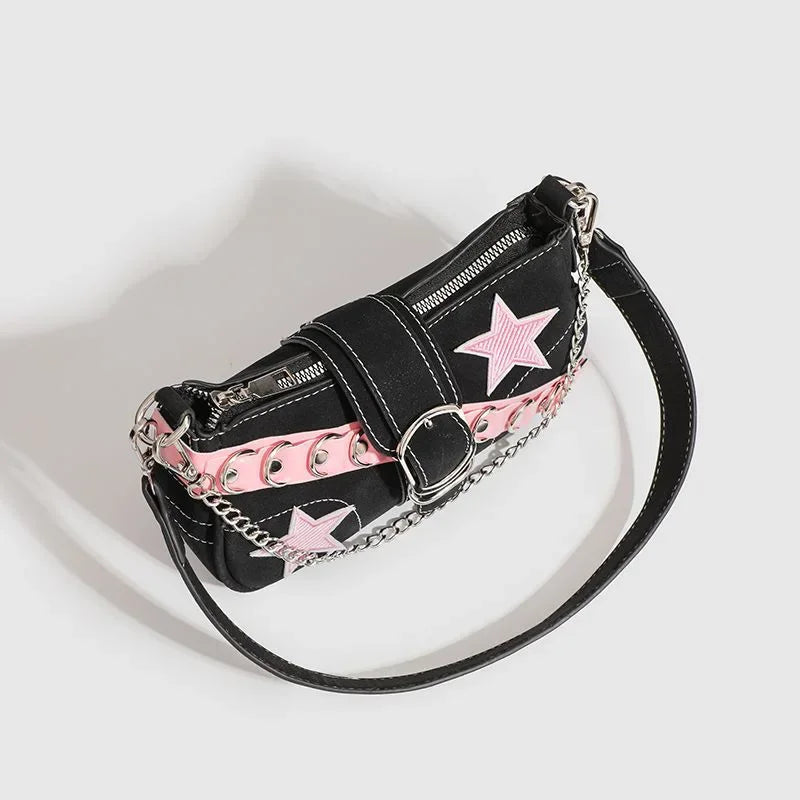 Y2K Fashionable Spliced Color Contrast Pink Star Denim Underarm Bag Commute Shoulder Bag Soft Square Shape Mobile Phone Pocket