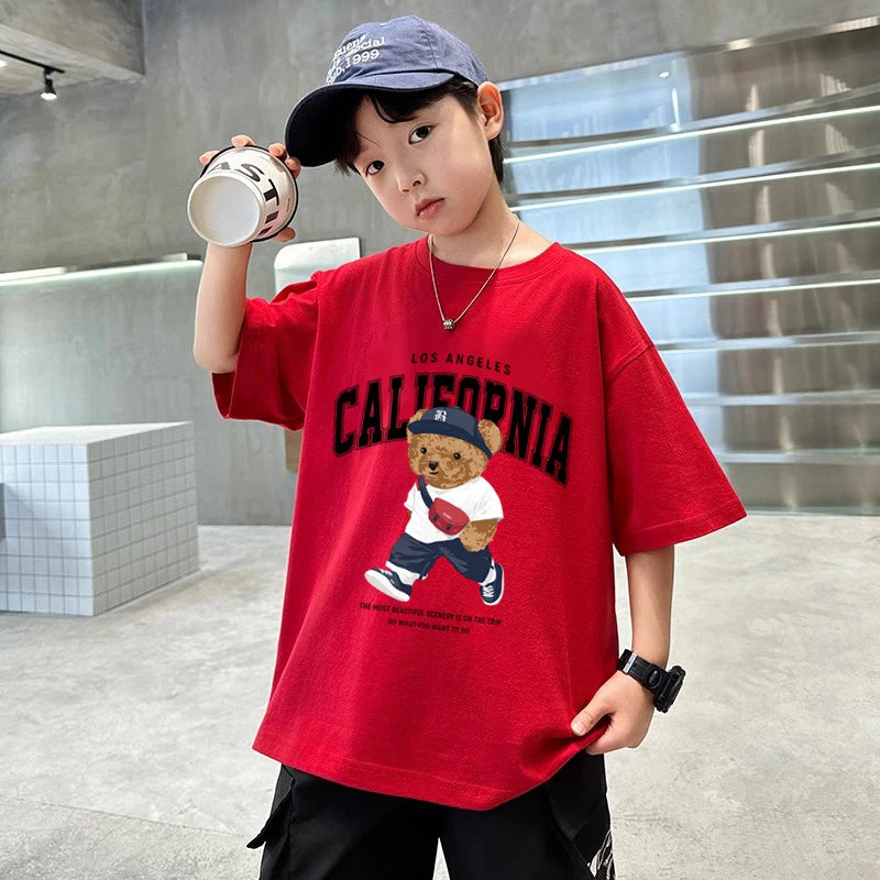 Boys Trendy Bear Print Graphic T Shirts Korean Children's Clothes 2025 Girls Cotton Short Sleeve Tops Tees Kids Clothes Summer