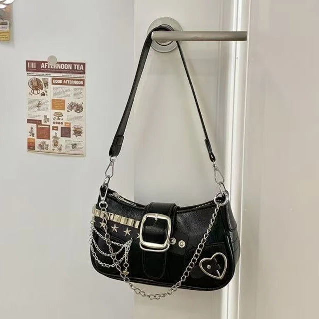 Fashion Hot Girls Square Shoulder Bags Retro Rivet Star Women's Underarm Bag Sweet Pu Leather Female Chain Handbags Pink Purse