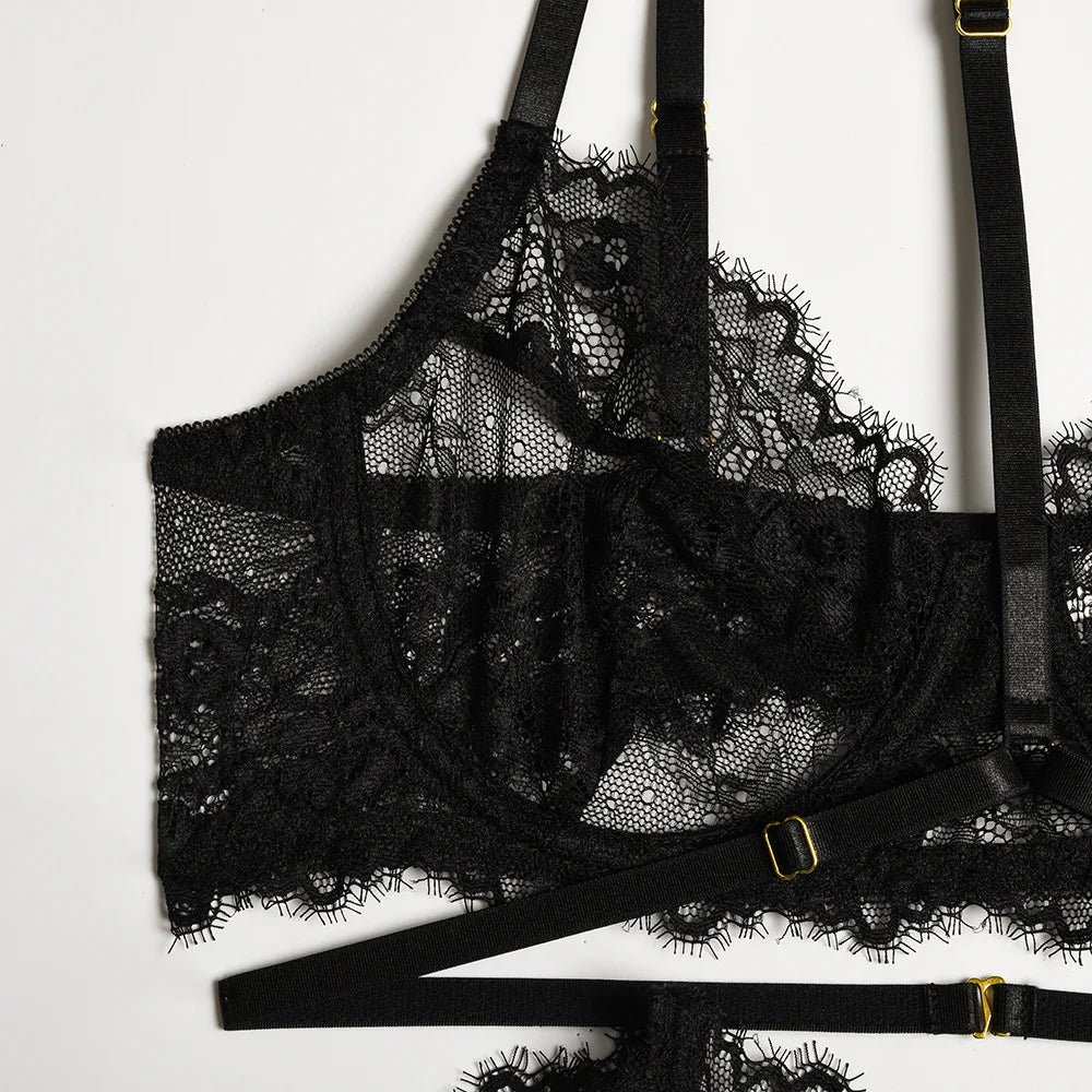 Diccvicc Beautiful Lingerie Eyelash Elegant Transparent Lace Bra Panty Set Floral Embroidery Women Sexy Underwear Exotic Outfit
