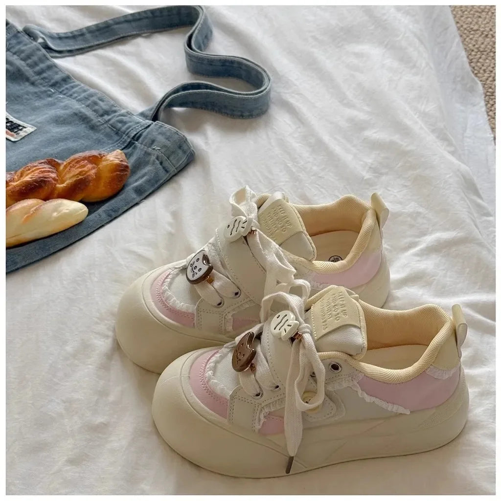 Women's round Toe Thick Bottom White Sneakers Spring Autumn Thin Breathable Casual Shoes Student Versatile Foot Slimming Bread S