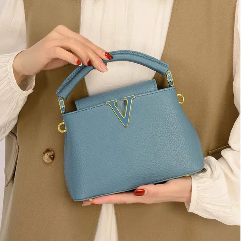 Luxury Fashion Leather Women Handbags 2025 Summer New Small Shoulder Crossbody Bag Portable V Letter Shell Messenger Bags