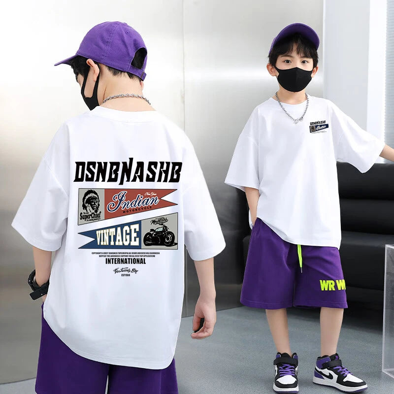 American Vintage Boys Short Sleeve Shirts Summer Boys Tees Casual 100%Cotton Children Tops Kids Clothes Printed Graphic T-shirt