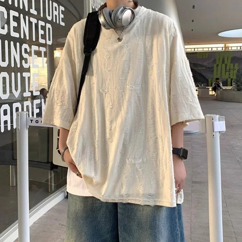 Male Tees Shirts American Style Five-point Sleeve Elasticity Men's T-shirt Oversized No Logo Ordinary Vintage Clothing Y2k Tops