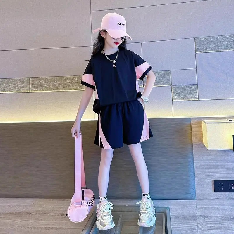 2025 New Girls Fashion Breathable Mesh Contrast Color Patchwork Tees+Pants 2pcs Sportsuits 7-14 Years Teenage Kids Clothes Sets