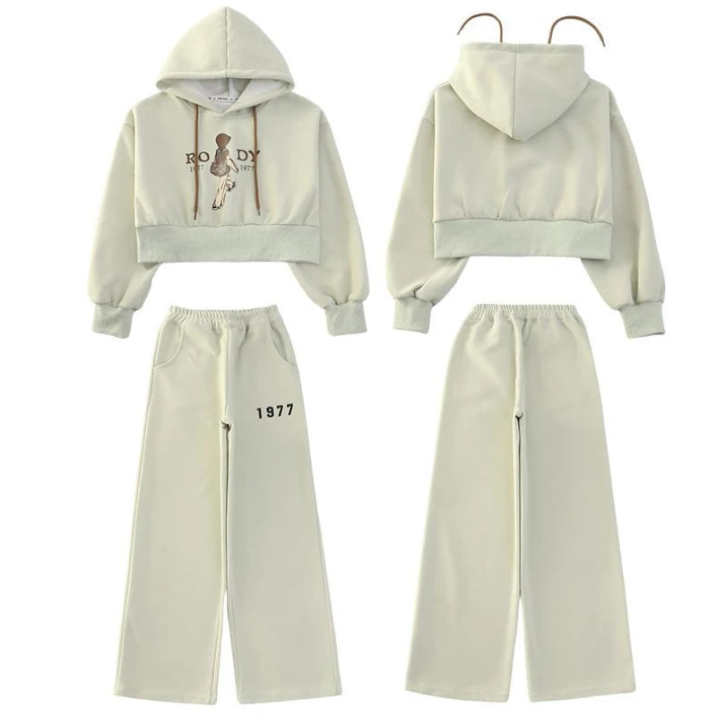 Spring Autumn Girls Clothing Set Cartoon Embroidered Pattern Hoodies Sweatshirt+ Pants 2Pcs Outfit Suit For 8-13 Years Kids