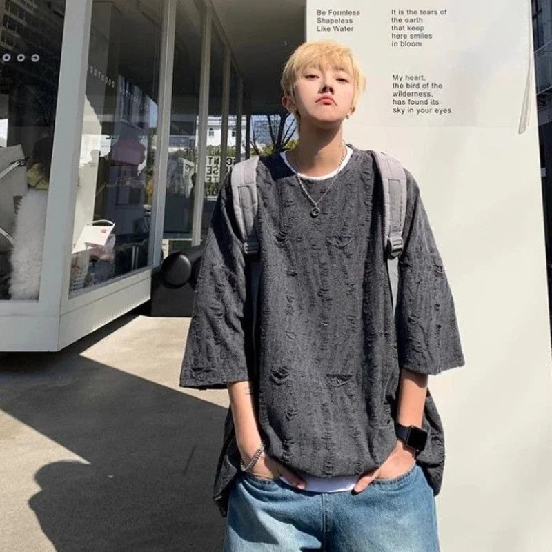 Male Tees Shirts American Style Five-point Sleeve Elasticity Men's T-shirt Oversized No Logo Ordinary Vintage Clothing Y2k Tops