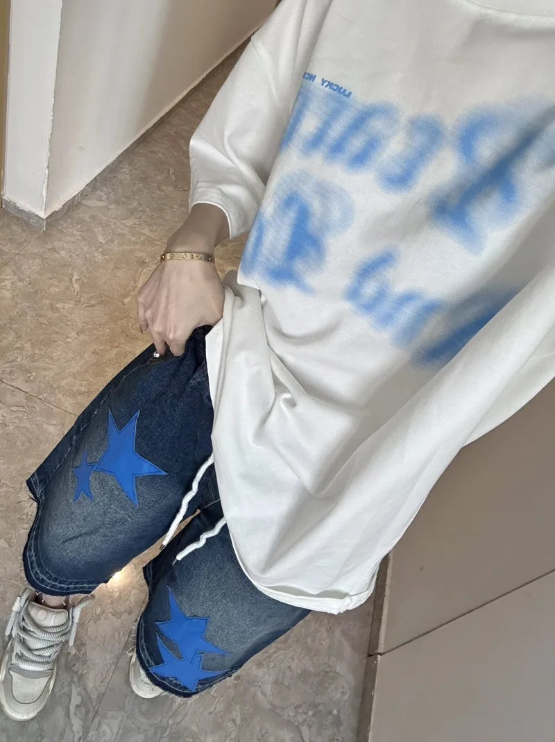 Street Trendy Brand Loose Straight Cropped Pants Women American Retro Star Embroidered Denim Shorts Hip Hop Dance Clothing Men