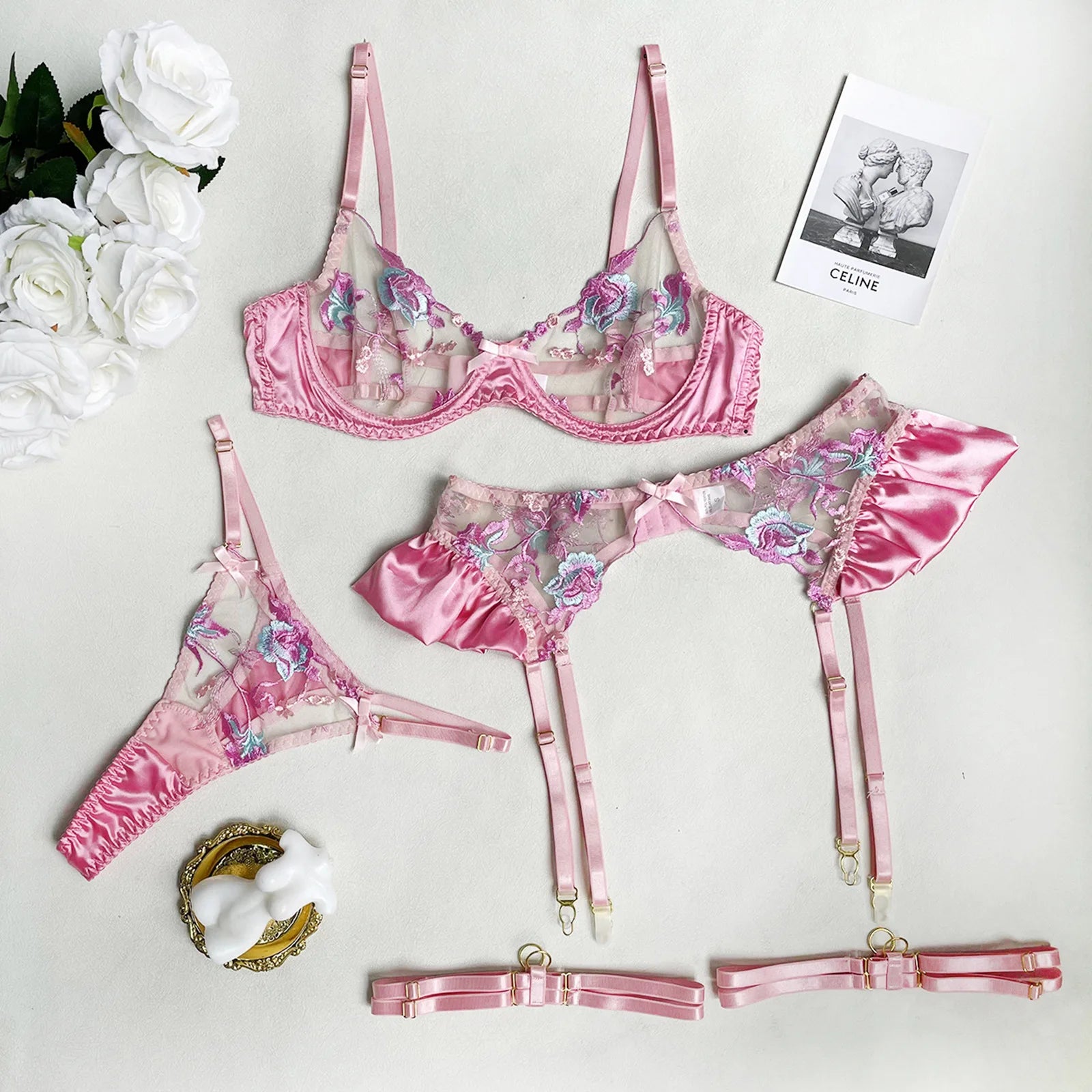 Sexy Lingerie Set Women Ruffle Embroidery Push Up Bra Sheer Thongs Garter Belt 4-Piece Erotic Underwear Transparent Outfits