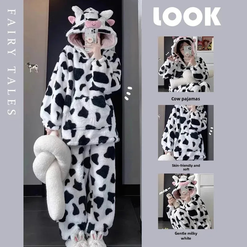 Milk Cow Hooded Cute Coral Fleece Winter Pajamas Floral Fleece Cute Cartoon Long Sleeve Plus Size Home Clothes Suit