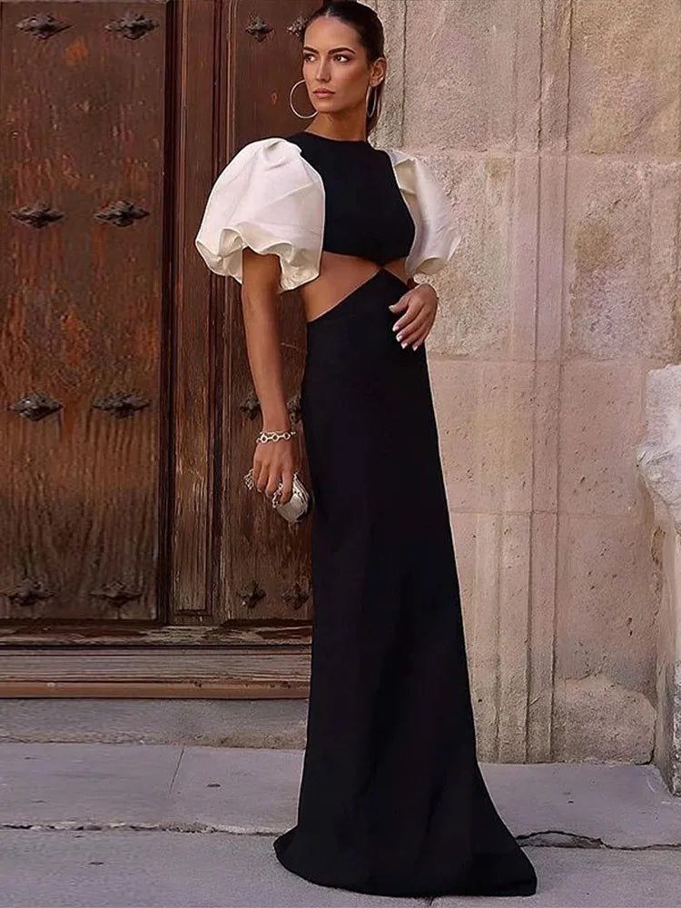 Fashion Puff Sleeve Maxi Dress For Women Sexy Hollow Out Waist Vacation Party Beach Dresses Female 2025 Elegant Lady Chic Robe