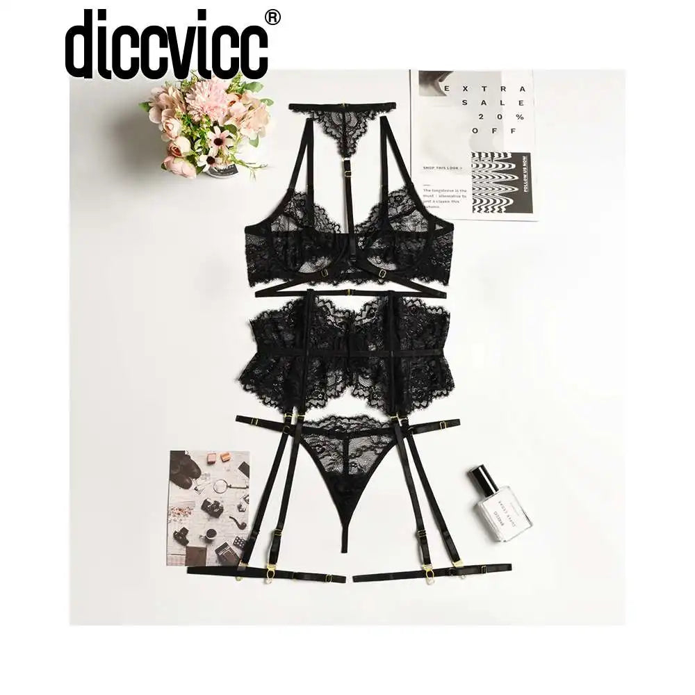 Diccvicc Beautiful Lingerie Eyelash Elegant Transparent Lace Bra Panty Set Floral Embroidery Women Sexy Underwear Exotic Outfit