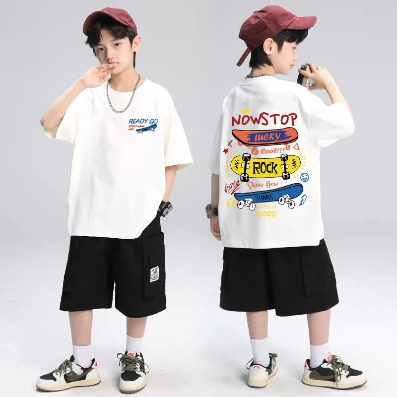 Skateboard Pattern Design Children's Tops Summer Boys Girls Short Sleeve T-shirts Cotton Korean Kids Clothes 2025 7-13Y 4-6Y