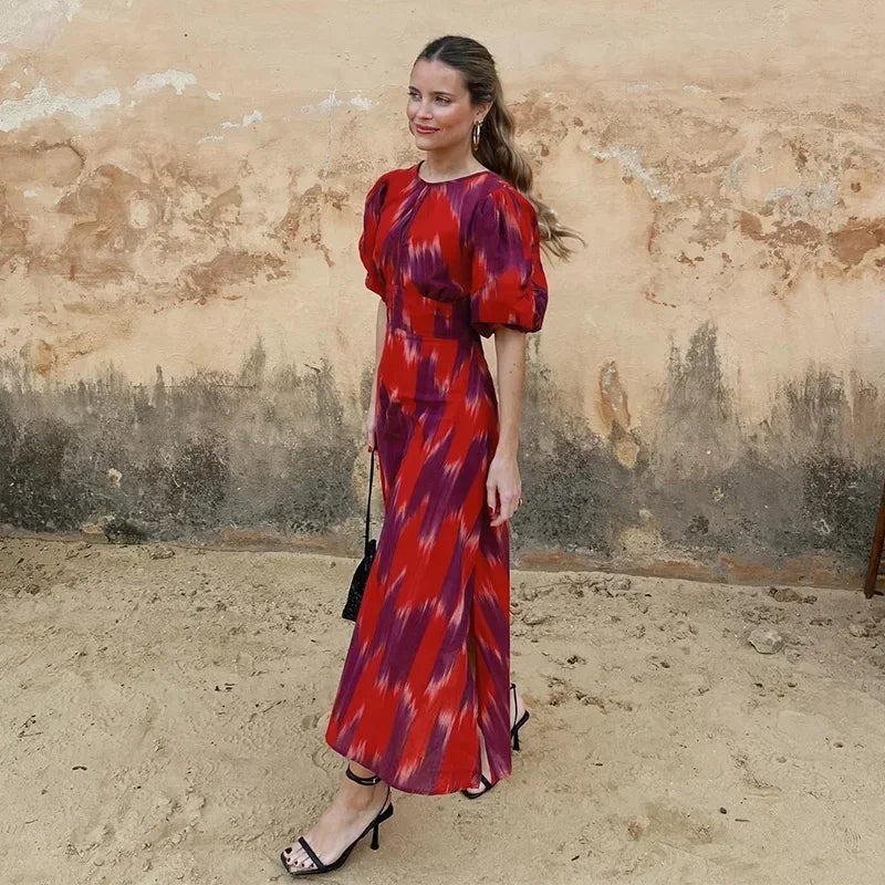 Fashion Backless Midi Dress For Women Summer Chic Print Short Puff Sleeves Split Long Dresses Female Holiday Beach Party Robe