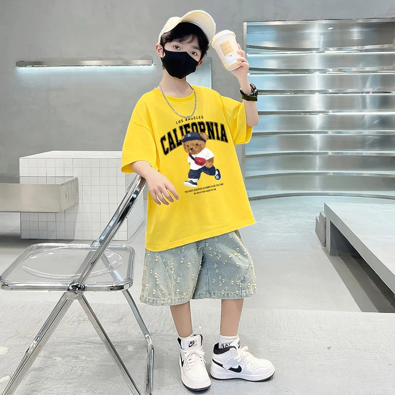 Boys Trendy Bear Print Graphic T Shirts Korean Children's Clothes 2025 Girls Cotton Short Sleeve Tops Tees Kids Clothes Summer