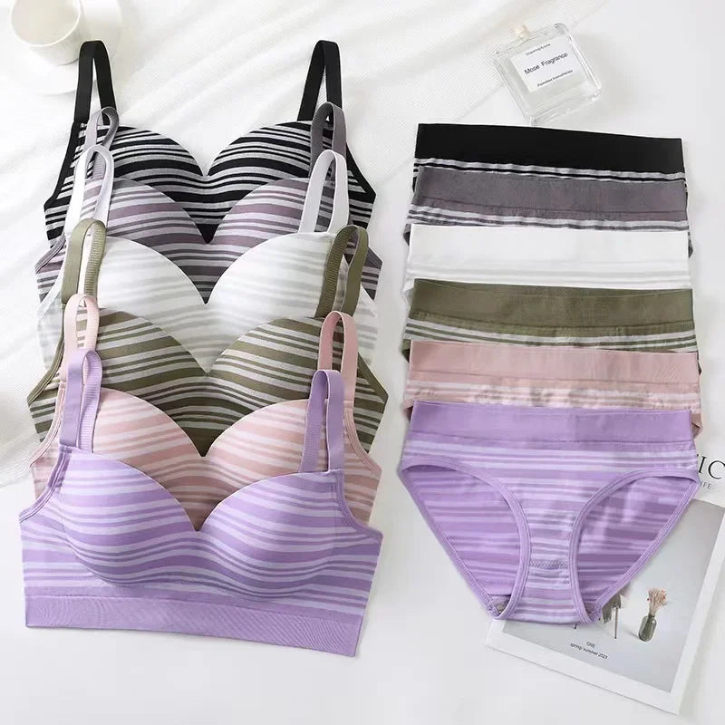 French Stripe Sexy Backless Bra And Panty Set Comfortable No Steel Ring Back Closure Wrap Chest Women's Underwear Set