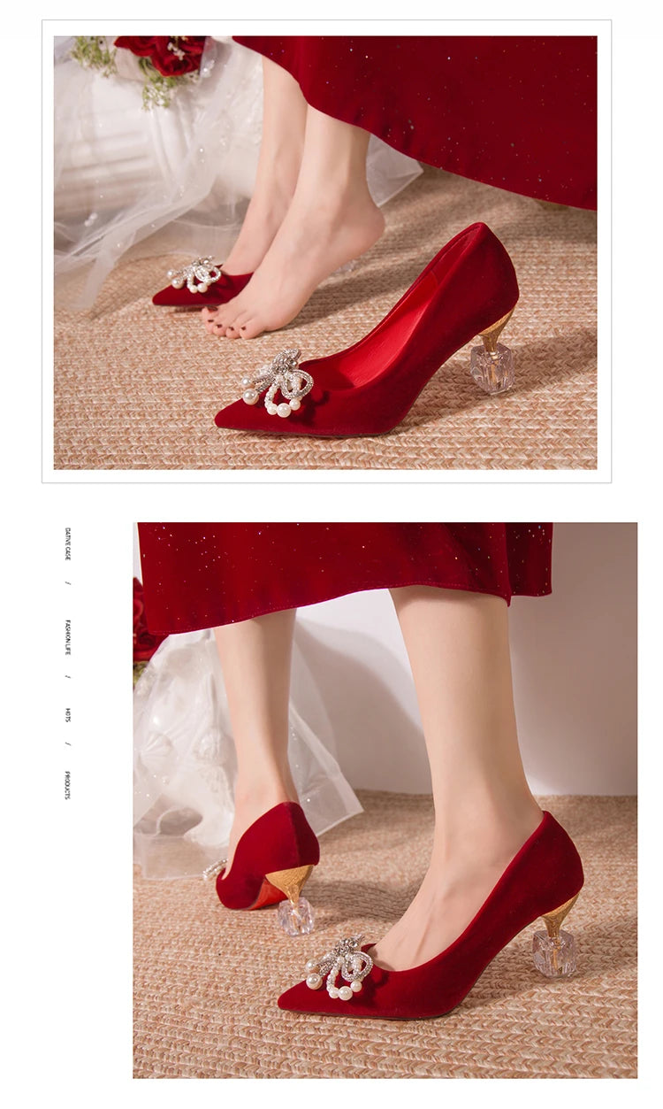 Wedding shoes bride shoes women new pearl thick heel shallow mouth pointed Xiuhe main wedding dress not tired foot single shoes