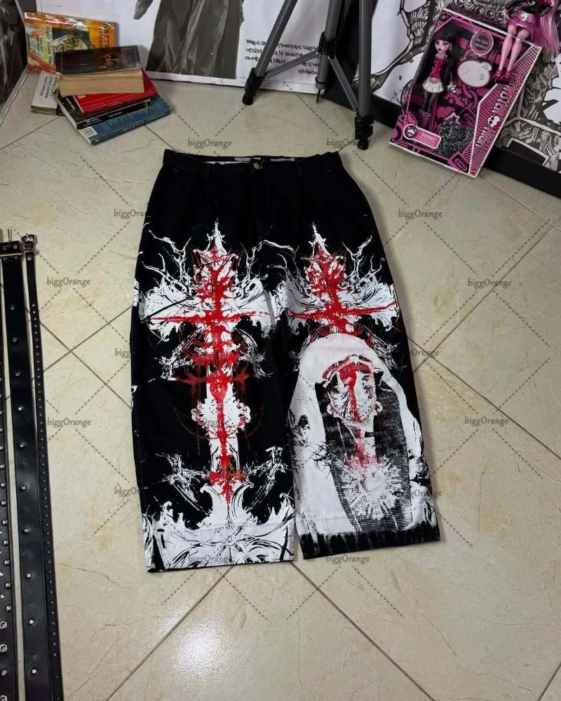 Gothic Retro Harajuku Cross Print Baggy High Waist Black Jeans Women Hip-hop Trendy Casual Wide-leg Punk Y2K Streetwear Trousers