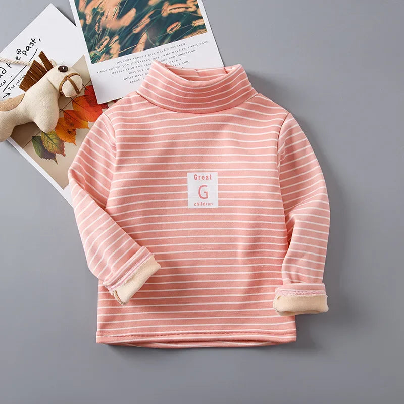 Children's Autumn Winter Fleece-Lined Sweatshirt Casual Style Middle Neck Base Layer Top Outer Wear Boys Girls Home Clothes